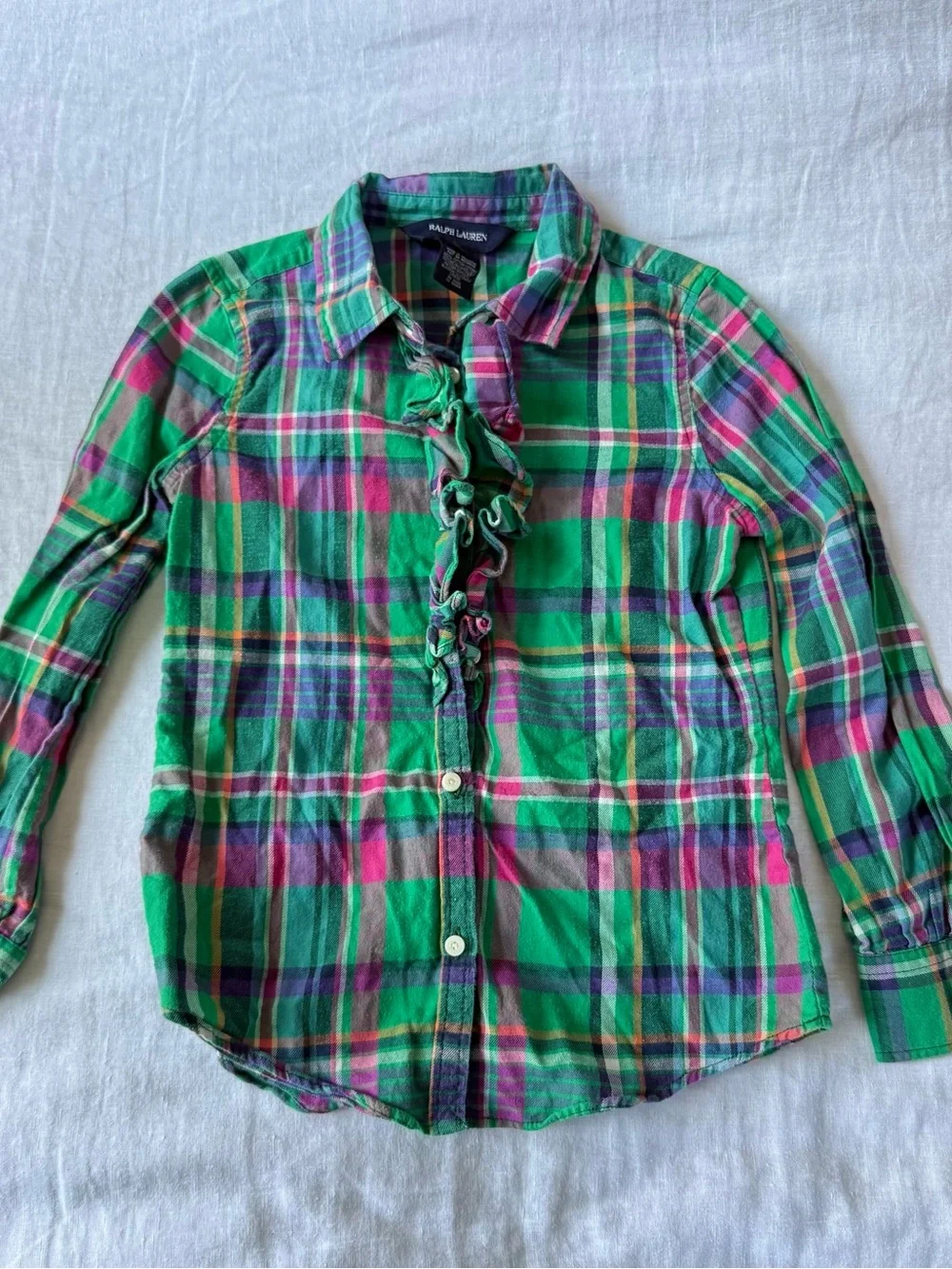 Ralph Lauren Green Plaid Ruffle-Front Button-Down Shirt Size 6